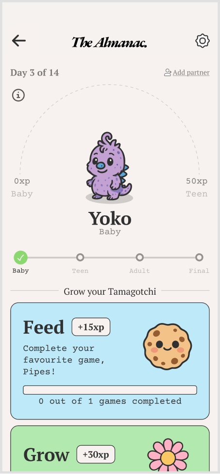 Tamagotchi home with XP arc and growth tasks